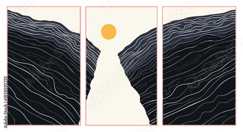 A minimalist triptych artwork featuring abstract dark mountains with flowing lines, a vibrant sun, and a serene path, creating a tranquil and modern aesthetic.