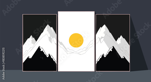 Elegant minimalist triptych artwork presents stylized black and white mountain ranges and a bright yellow sun, enhancing any modern interior space.