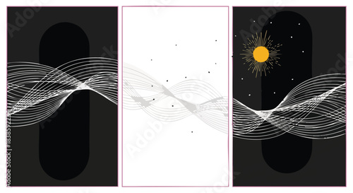 Abstract triptych art featuring flowing lines and celestial elements representing day and night.