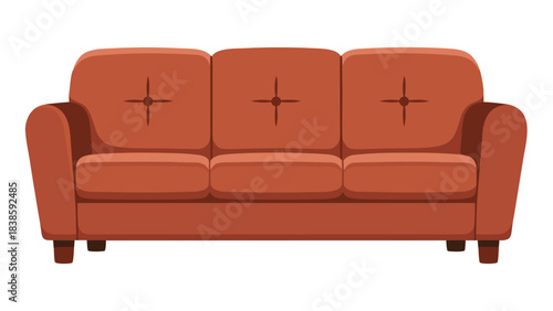 Classic Three Seater Sofa Upholstered In Terracotta Fabric With Button Tufting And Wooden Legs Isolated On A Black Background