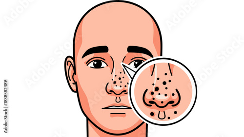 Close up of a bald man's face with magnified view of blackheads on his nose and chin area, simple illustration style, light skin tone, dark hair eyebrows, neutral expression against black background