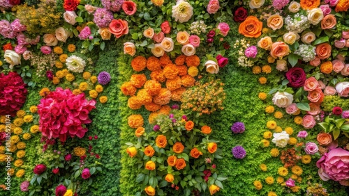 A colorful floral wall with blooming flowers in shades of pink, yellow and orange, surrounded by lush greenery