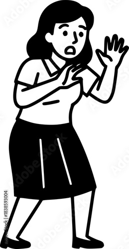 Startled woman with expressive face in black and white illustrat
