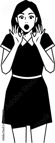 Startled woman with expressive face in black and white illustrat
