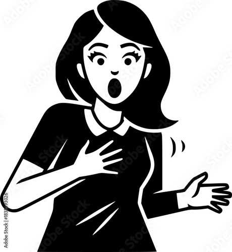 Startled woman with expressive face in black and white illustrat
