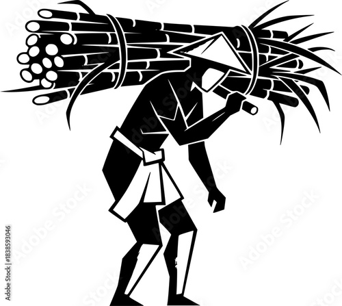Sumi-e illustration of sugarcane farmer carrying harvest on shou
