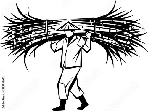 Sumi-e illustration of sugarcane farmer carrying harvest on shou
