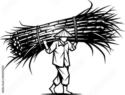 Sumi-e illustration of sugarcane farmer carrying harvest on shou
