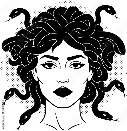 A stylized black and white illustration of Medusa with snakes for hair in a grunge style
