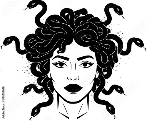 A stylized black and white illustration of Medusa with snakes for hair in a grunge style
