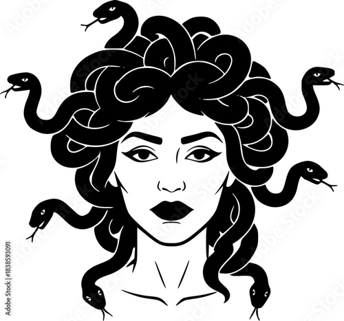 A stylized black and white illustration of Medusa with snakes for hair in a grunge style
