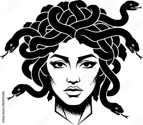 A stylized black and white illustration of Medusa with snakes for hair in a grunge style
