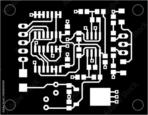 Electric background. Vector pcb pattern. Printed circuit board of electronic device with tracing conductors and contact pads. Engineering drawing. Computer technic cad design.