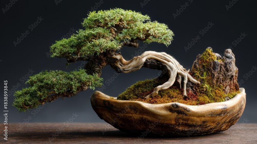 Fototapeta premium A carefully styled bonsai tree sits in a wooden pot showcasing lush green leaves and twisted branches. The moss covered rock enhances the natural beauty of the scene creating a tranquil atmosphere.