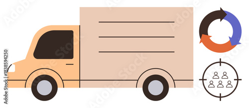 Delivery truck facing right, circular arrow cycle denoting continuity, and a target icon with people. Ideal for logistics, supply chain, transportation, delivery, e-commerce, planning optimization