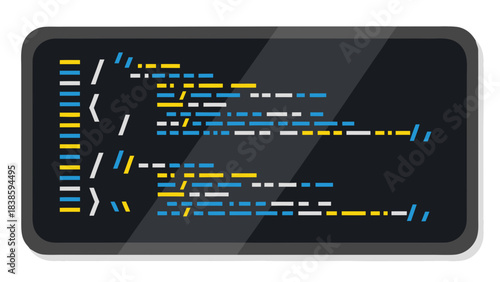 Computer Screen Displaying Colorful Code Snippets in Blue Yellow and White Against a Dark Background with Subtle Reflections