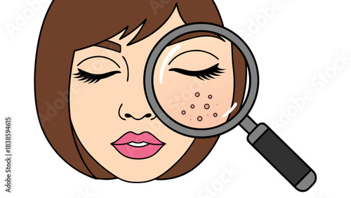 Close up of young woman's face with eyes closed and pink lips seen through magnifying glass focusing on acne blemishes and red spots on cheek showing skincare concern and dermatology examination on
