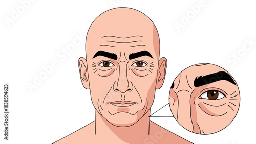 Close-up portrait of a bald middle-aged man showing facial wrinkles and skin texture with an inset magnifying view of his eye detail and aging lines against a black background