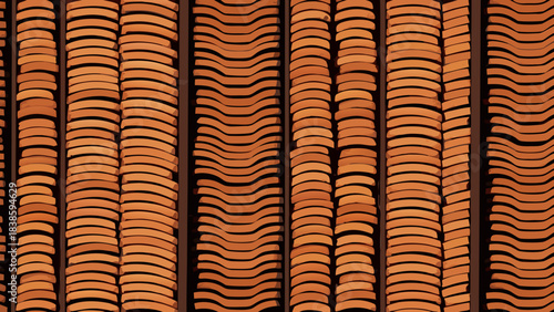 Close up overhead view of stacked rustic orange terracotta roof tiles in a symmetrical pattern with dark grout lines casting shadows under natural daylight creating a textured abstract background