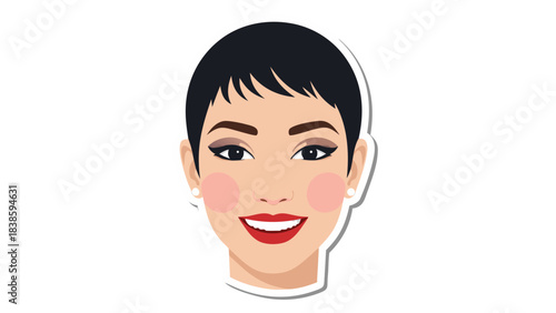 Close up portrait of a smiling woman with short dark hair and rosy cheeks wearing red lipstick and eye makeup against a black background