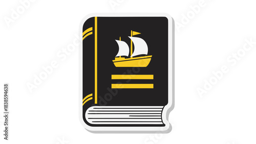 Closed Book with Sailing Ship Illustration and Yellow Accents Against Black Background Representing Maritime Tales or History