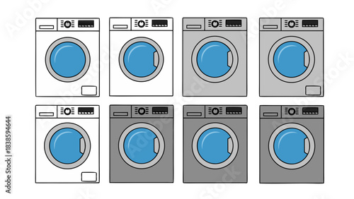Collection Of Front Loading Washing Machines In White And Gray Colors With Blue Doors And Silver Control Panels Isolated On Black Background Flat Vector Illustration
