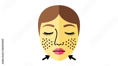 Close Up Portrait Of A Woman With Closed Eyes And Skin Pores Highlighted On Her Cheeks And Nose Against A Dark Background Flat Design Illustration