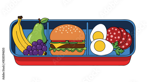 Colorful Bento Box Lunch with Hamburger Hard Boiled Eggs Grapes Pear Banana and Sliced Sausage on a Red Tray Detailed Vector Illustration