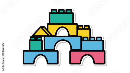 Colorful Building Blocks Castle Construction Teal Yellow Blue Pink Simple Geometric Shapes Archways Towers Isolated Black Background Playful Childhood Imagination Creative Fun Playroom Toddler