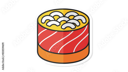 Colorful illustration of a sushi roll with salmon and rice on a black background with white border sticker effect