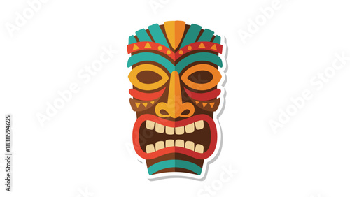 Colorful Pixelated Tiki Mask With Fierce Expression and Tribal Patterns on a Black Background