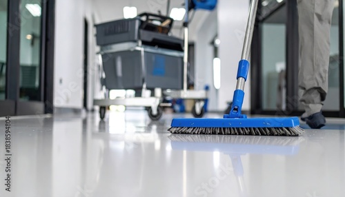 Close-up of a janitor mopping a clean, shiny floor with a blue mop in a modern commercial building hallway, a cleaning cart visible in the background.