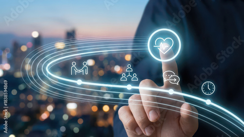 Closeup of hand touching digital health icon, symbolizing technology in healthcare. background features city skyline at dusk, conveying innovation and connectivity