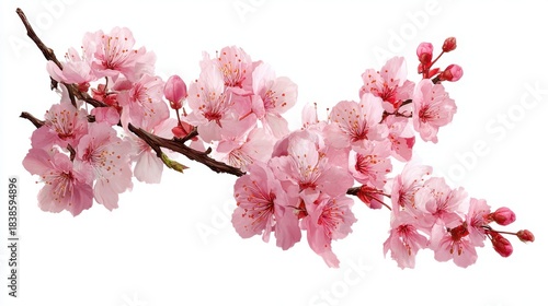 A branch of cherry blossoms displays numerous soft pink flowers and budding blooms. The blossoms are vibrant and detailed creating a serene and beautiful scene.