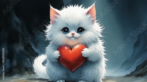 Incredibly cute fluffy kitten holds her heart in her paws - Valentine, Happy Valentine's Day