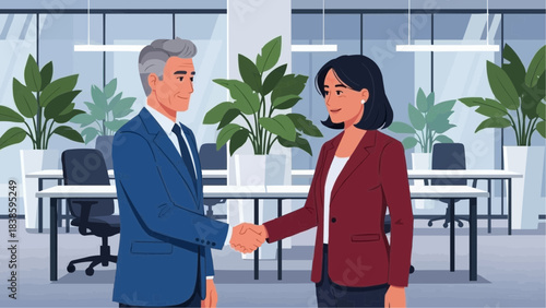 Smiling business man and woman shaking hands in a modern office setting, representing successful partnership concept and professional collaboration
