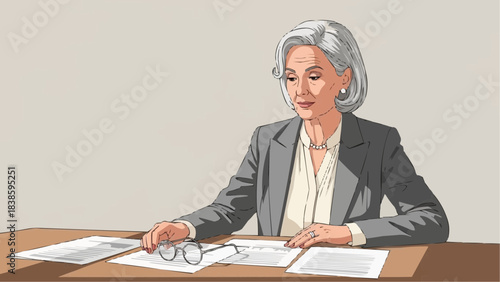 Experienced senior businesswoman reviewing important documents at an office desk for professional analysis concept and focused work