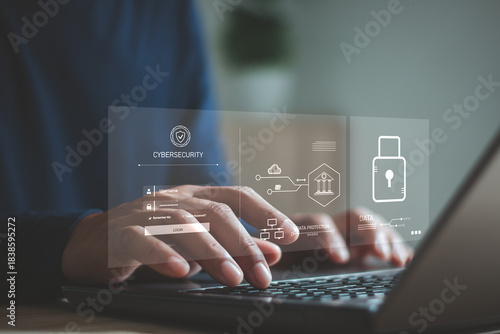 Cyber security, virtual screen interfaces. Businessman protecting personal data on laptop. Cybersecurity and privacy concepts to protect data. Lock icon and internet network security technology.