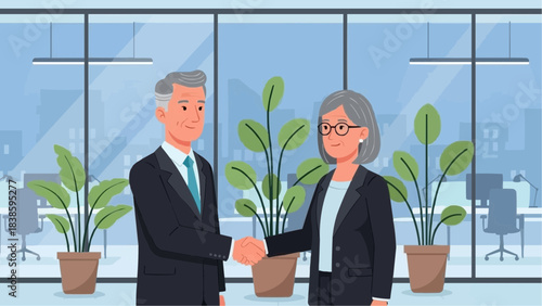 Senior businessman and businesswoman shaking hands in a modern office for business partnership concept and corporate agreement illustration