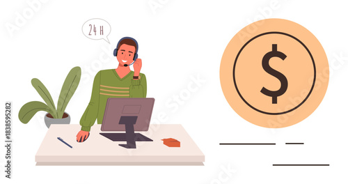 Person with headset at desk using computer, providing 247 customer support services. Dollar sign highlights financial or business themes. Ideal for customer care, finance, business, service, help