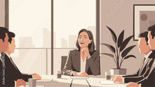 Businesswoman laughing with diverse colleagues in a sunny modern office meeting for team success concept and positive workplace culture