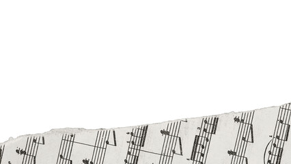 Torn vintage with sheet music, ripped paper scrap. Torn vintage sheet music fragment with visible notes isolated for scrapbook design. Faded collage creativity