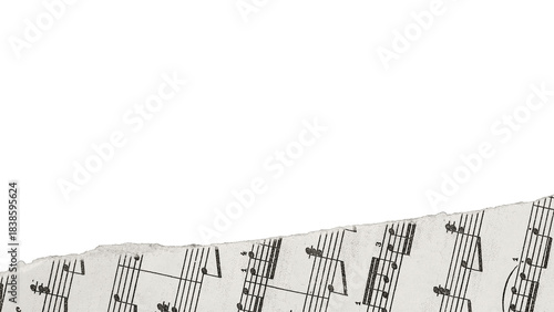Torn vintage with sheet music, ripped paper scrap. Torn vintage sheet music fragment with visible notes isolated for scrapbook design. Faded collage creativity