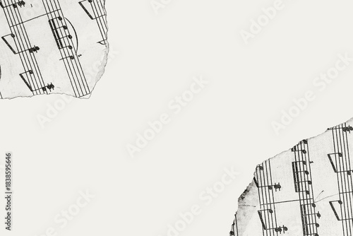 Torn Sheet Music Fragments, sheet music musical notes on aged paper isolated for design, wide empty space around them. Element for vintage collage, scrapbooking