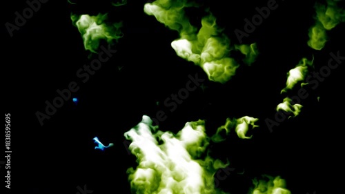 Green swirling smoke and a blue bird in dark sky  a mystical and surreal concept. Great for backgrounds, book covers, and posters.