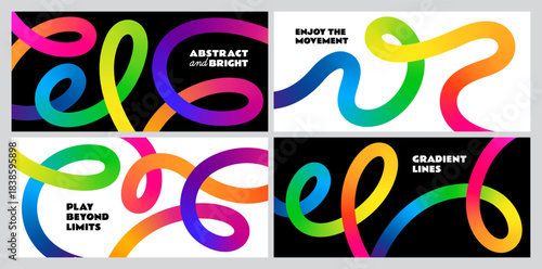 Color Line Abstract Background Set. Wave Shape Gradient Pattern. Curved Vector 3D Graphics with Fun Rainbow Ribbons. Wavy Dynamic Lines Poster Kit.