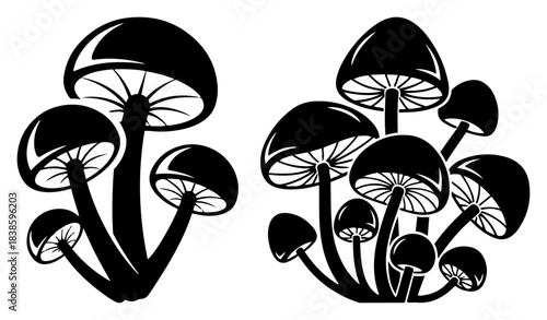 Mushroom silhouettes set vector black and white illustration of fungi clusters and toadstools