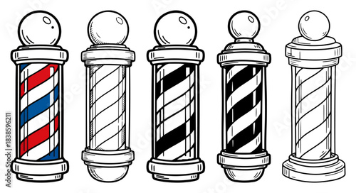 Barber pole vector collection featuring colored sketch and silhouette styles for vintage hair salon signage and barbershop branding