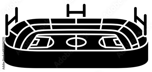 Sports stadium vector icon representing football or soccer arena with field and stands in black silhouette style for competition events