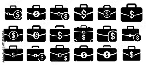 Set of business briefcase icons with dollar sign symbol Financial portfolio and money case silhouette collection